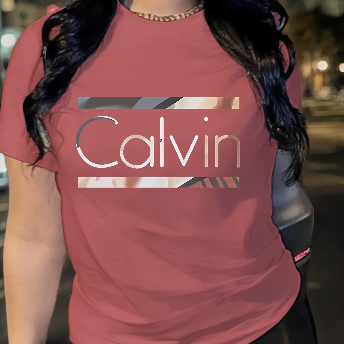 1pc Calvin Women's Graphic Tee - Soft Polyester Spandex Blend, Casual Crew Neck Short Sleeve Top in Black with Stylish Letter Print, Comfortable Casual Attire, Everyday Apparel | Trendy Casual Style | Stretchable Top